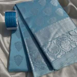 Luxurious Blue Silk Saree with Silver Embellishments